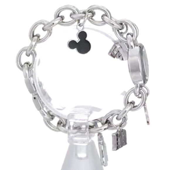 Silver and Mother of Pearl Women\'s Disney Mickey Mouse Dangling Charm Watch